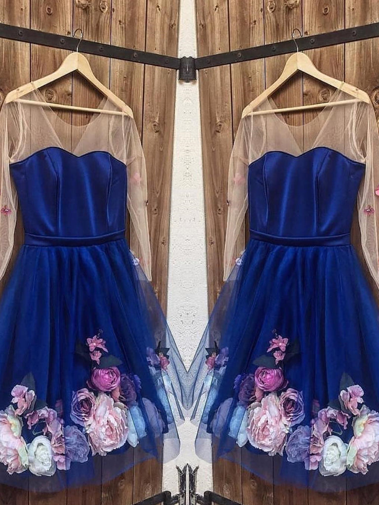 Long Sleeves 3D Floral Short Blue Prom ...